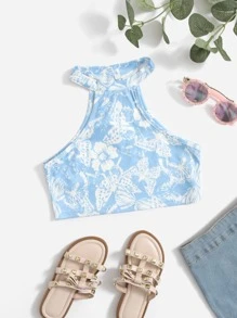 SHEIN Girls Floral & Butterfly Print Halter Top - Blue and White - View 1