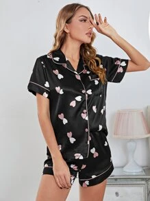 Bộ đồ ngủ Nữ Túi Tương phản ràng buộc Nút phía trước Tim Đơn giản - màu đen - Xem 4