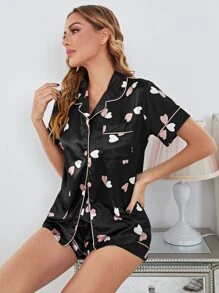 Bộ đồ ngủ Nữ Túi Tương phản ràng buộc Nút phía trước Tim Đơn giản - màu đen - Xem 6