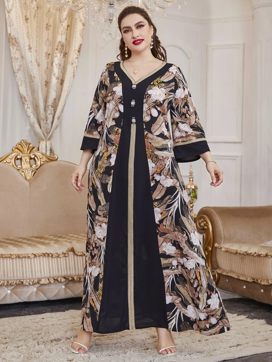 Al Najma 大碼印花織帶拼接雪紡直筒連衣裙 - 彩色 - 查看 1