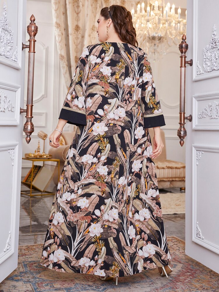 Plus Floral Print Contrast Tape Chiffon Tunic Dress