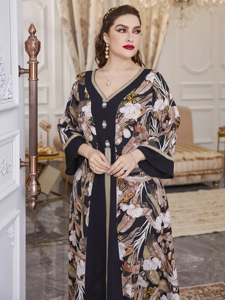 Plus Floral Print Contrast Tape Chiffon Tunic Dress