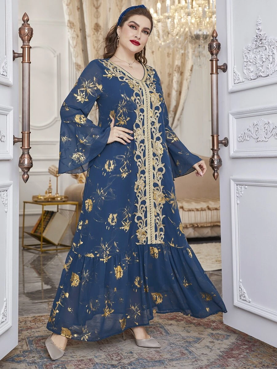 Al Najma Plus Size Floral Print Embroidery Flounce Sleeve Ruffle Hem Chiffon Dress - Blue - View 1