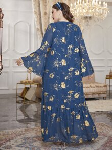 Al Najma Plus Size Floral Print Embroidery Flounce Sleeve Ruffle Hem Chiffon Dress - Blue - View 2