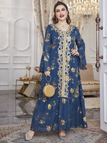 Al Najma Plus Size Floral Print Embroidery Flounce Sleeve Ruffle Hem Chiffon Dress - Blue - View 3