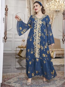 Al Najma Plus Size Floral Print Embroidery Flounce Sleeve Ruffle Hem Chiffon Dress - Blue - View 4
