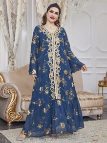 Al Najma Plus Size Floral Print Embroidery Flounce Sleeve Ruffle Hem Chiffon Dress - Blue - View 5