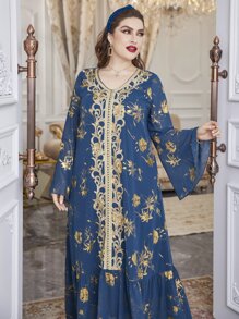 Al Najma Plus Size Floral Print Embroidery Flounce Sleeve Ruffle Hem Chiffon Dress - Blue - View 6