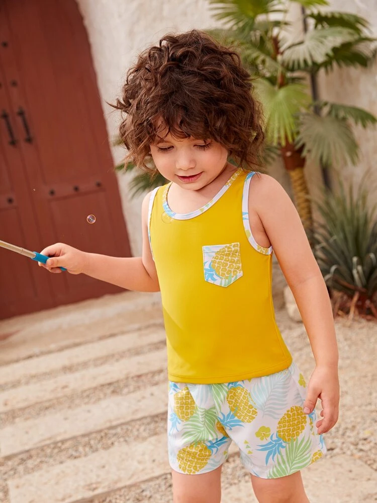 Toddler Boys Pineapple & Tropical Print Contrast Binding Swimsuit