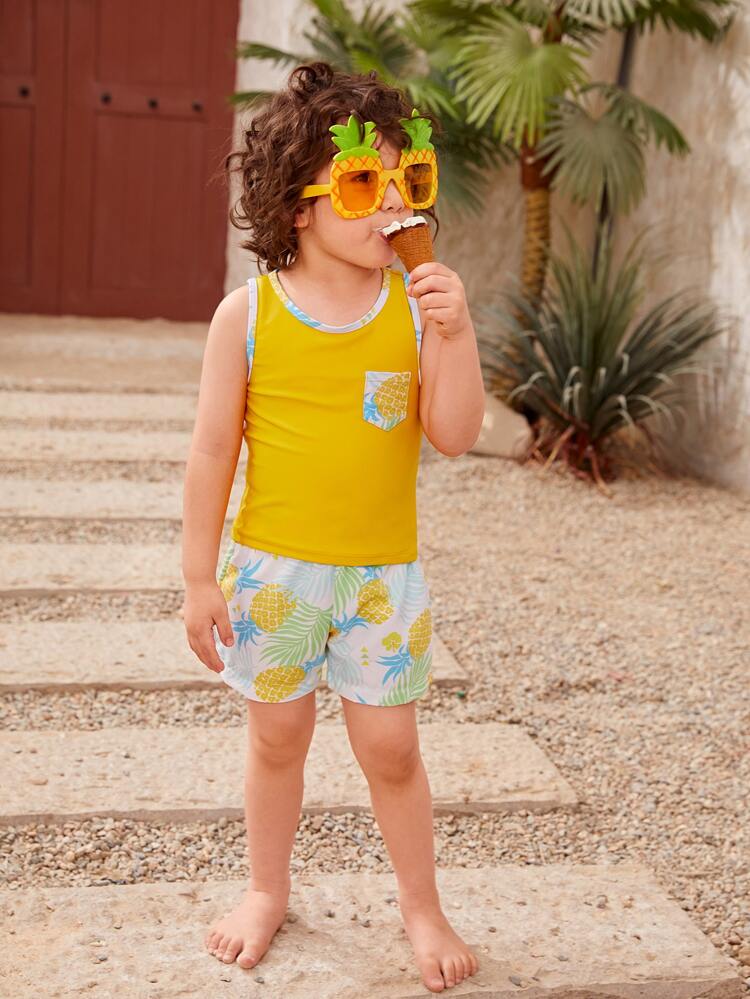 Toddler Boys Pineapple & Tropical Print Contrast Binding Swimsuit
