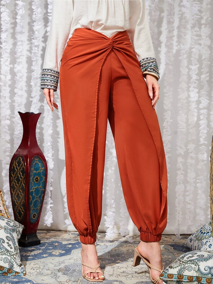 Seusyu 前扭結圍裹下擺長褲 - 橘色 - 查看 1