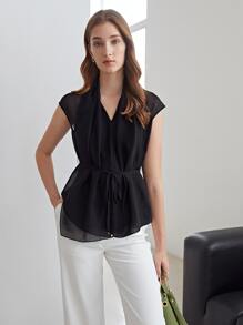 MOTF PREMIUM 100% SILK DRAPED BELTED TOP - Black - View 5