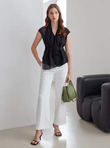 MOTF PREMIUM 100% SILK DRAPED BELTED TOP - Black - View 9