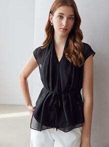MOTF PREMIUM 100% SILK DRAPED BELTED TOP - Black - View 10