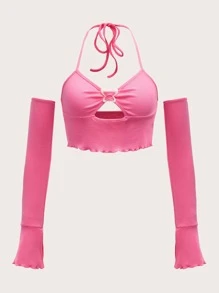 SHEIN ICON Áo nữ Lộ Lưng Cắt ra Xù nhỏ Xù Buộc lại Gân đan Nếp gấp Phần Ngực màu trơn Gợi cảm - Hồng - Xem 1