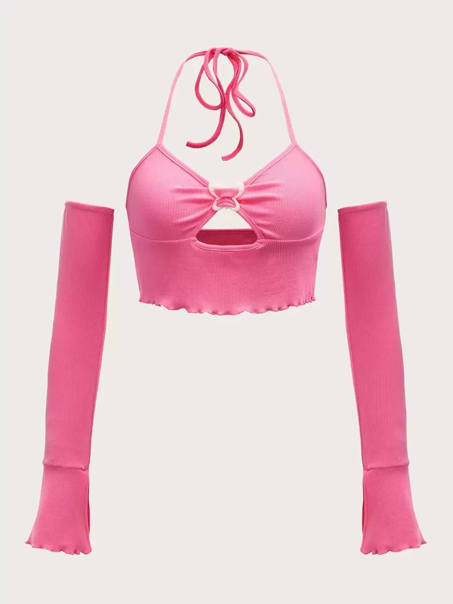 SHEIN ICON Áo nữ Lộ Lưng Cắt ra Xù nhỏ Xù Buộc lại Gân đan Nếp gấp Phần Ngực màu trơn Gợi cảm - Hồng - Xem 1