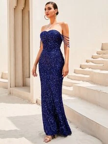 LOVE&LEMONADE Rhinestone Detail Off Shoulder Sequins Formal Gown - Navy Blue - View 3
