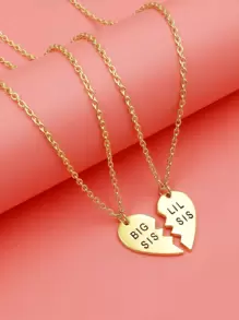 2pcs Girls Letter Detail Heart Pendant Necklace - Yellow Gold - View 1