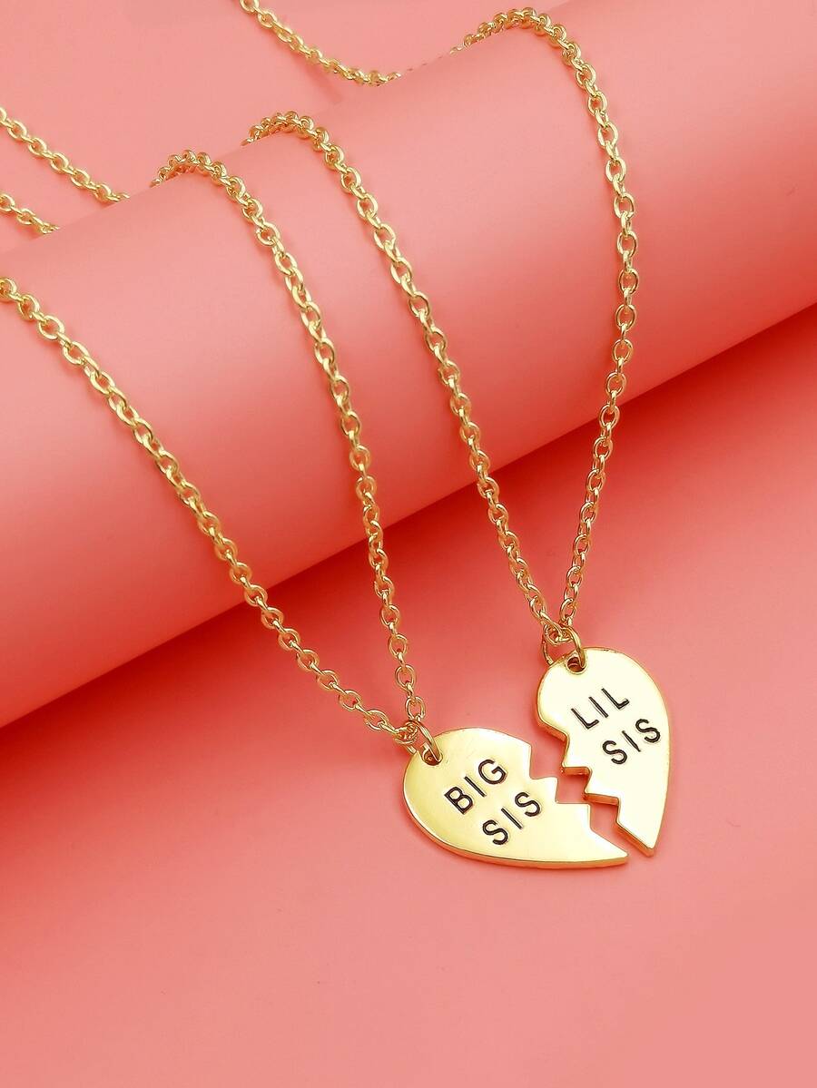 2pcs Girls Letter Detail Heart Pendant Necklace - Yellow Gold - View 1