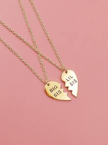 2pcs Girls Letter Detail Heart Pendant Necklace - Yellow Gold - View 4