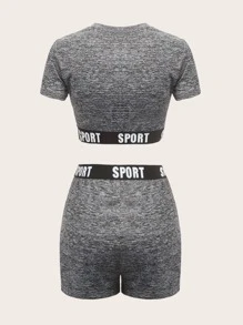 SHEIN EZwear 段染字母織帶九分上衣和機車短褲 - 深灰色 - 查看 2