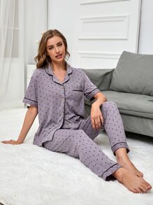 Polka Dot Button Front Pajama Set - Mauve Purple - View 1
