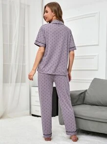 Polka Dot Button Front Pajama Set - Mauve Purple - View 2
