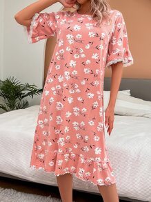Vestido de dormir con estampado floral con encaje en contraste bajo con fruncido - Multicolor - Ver 4