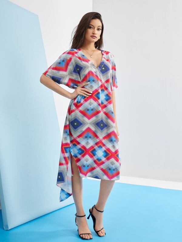 Provocation Rochie Elegantă Designer Geo Print Mânecă Liliac Tiv Înalt Scăzut, De Sărbători, Vacanță