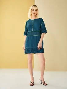 LIYUN X Drop Shoulder Contrast Binding Fringe Trim Dress