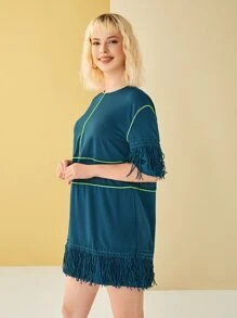LIYUN X Drop Shoulder Contrast Binding Fringe Trim Dress