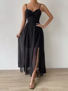 SHEIN Belle Swiss Dot Twist Front Tie Backless Wrap Cami Dress - Black - View 1