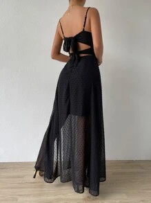 SHEIN Belle Swiss Dot Twist Front Tie Backless Wrap Cami Dress - Black - View 2