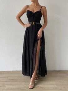 SHEIN Belle Swiss Dot Twist Front Tie Backless Wrap Cami Dress - Black - View 3