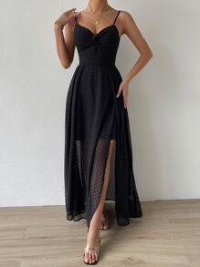 SHEIN Belle Swiss Dot Twist Front Tie Backless Wrap Cami Dress - Black - View 6