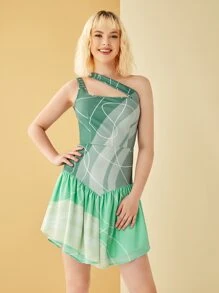 Mila Color Block Cut Out One Shoulder Ruffle Hem Dress - Multicolor - View 2