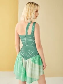 Mila Color Block Cut Out One Shoulder Ruffle Hem Dress - Multicolor - View 3