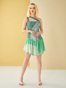 Mila Color Block Cut Out One Shoulder Ruffle Hem Dress - Multicolor - View 5