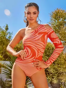 AVEEATION Graphic Print Cut Out One Shoulder Bodysuit - Multicolor - View 1