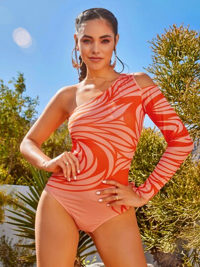 AVEEATION Body con estampado de dibujo con abertura de un hombro
