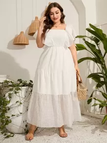 Mulvari Vestido de cuello cuadrado de manga mariposa bajo con fruncido - Blanco - Ver 1