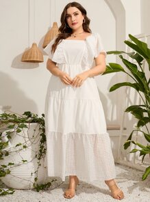 Mulvari Vestido de cuello cuadrado de manga mariposa bajo con fruncido - Blanco - Ver 4