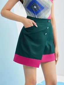 Provocation 拼色假纽扣不对称下摆半身裙，女装，夏季 - 綠色 - 查看 3