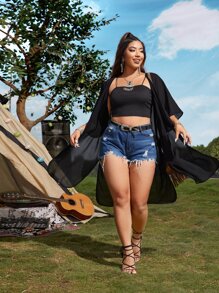 SHEIN Plus Chiffon Batwing Sleeve Split Hem Kimono - Black - View 2