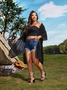 SHEIN Plus Chiffon Batwing Sleeve Split Hem Kimono - Black - View 5