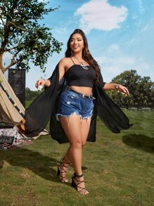 SHEIN Plus Chiffon Batwing Sleeve Split Hem Kimono - Black - View 3