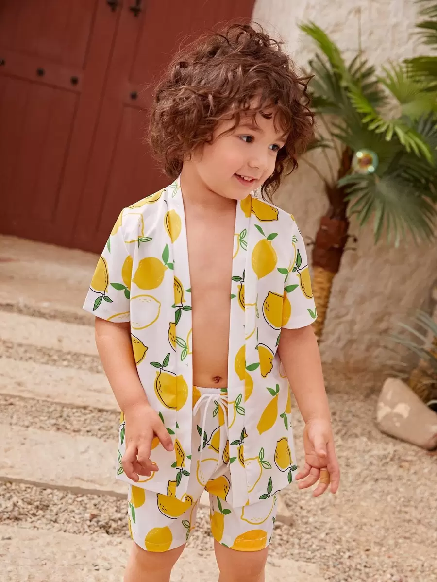 Young Boy Lemon Print Beach Swimsuit - White - View 1