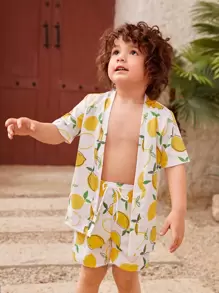 Young Boy Lemon Print Beach Swimsuit - White - View 5