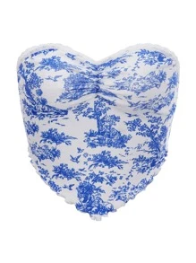 SHEIN ICON 鳥類和植物印花木耳邊手帕抹胸上衣 - 藍白色 - 查看 1