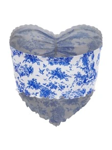 SHEIN ICON 鳥類和植物印花木耳邊手帕抹胸上衣 - 藍白色 - 查看 2